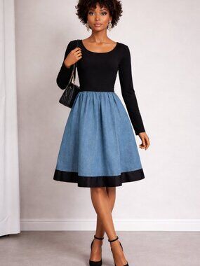 Vintage, A.B.S., Black & Blue Scoop Neck Poly/Denim Dress, Size 10